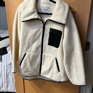SPANX Ivory Fleece Jacket with Black Faux Leathet Details